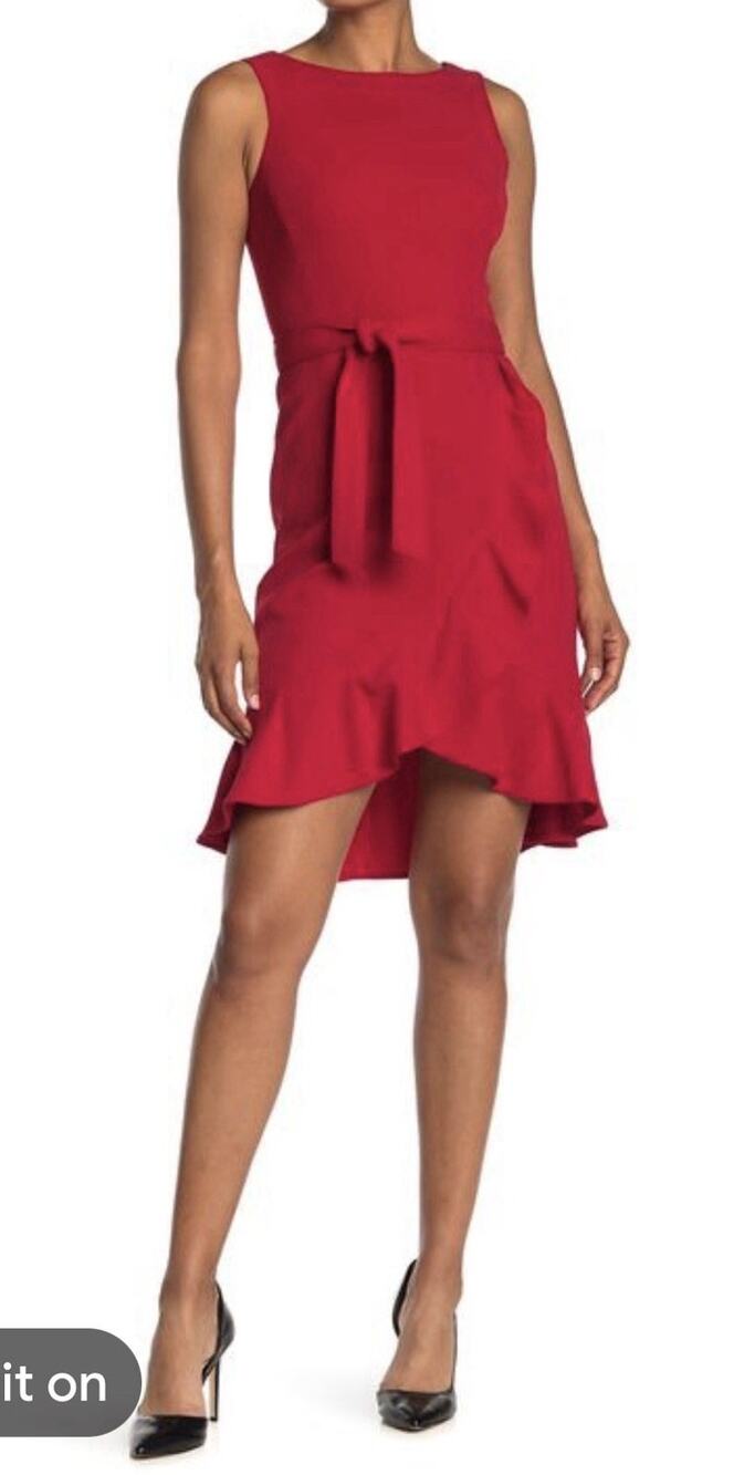 CLAVIN KLEIN Lipstick Red Sleeveless Tie Waist Ruffle Skirt Sheath Dress Sz 6